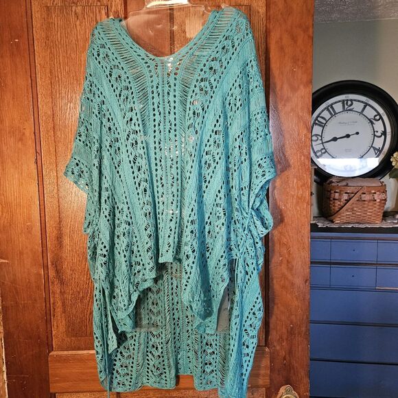 Women's One Size Boho Turquoise Crochet Poncho Vest | One Size Beach Cover-Up - Picture 2 of 5